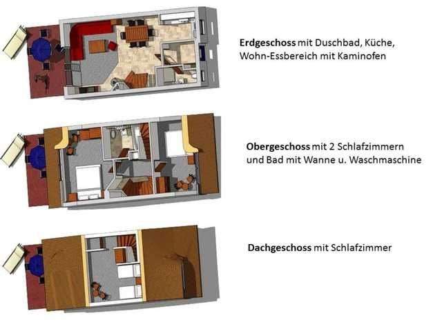 Reetdach Reihenhaus 3 SZ, 2 Bäder, möbliert, 3 Ebenen idyllische Lage Rügen, Kamin, Wallbox